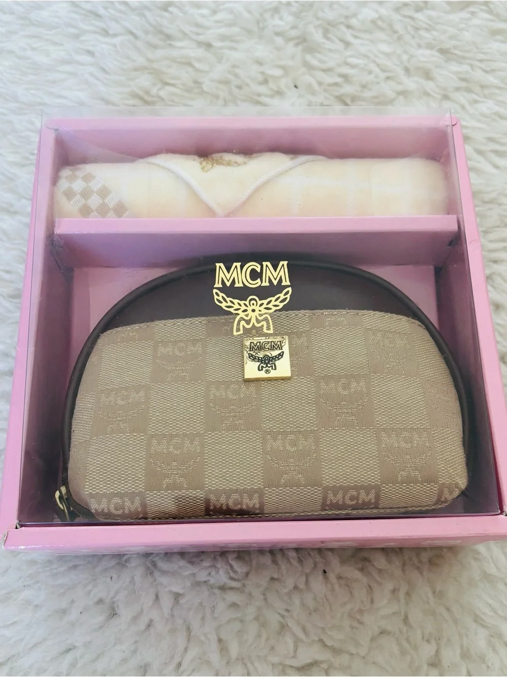 MCM Set of 2 Leather/Canvas Logo Cosmetic Pouch & Hand Towel Set